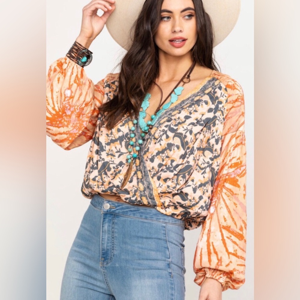 Free People Orange and Blue Floral Top